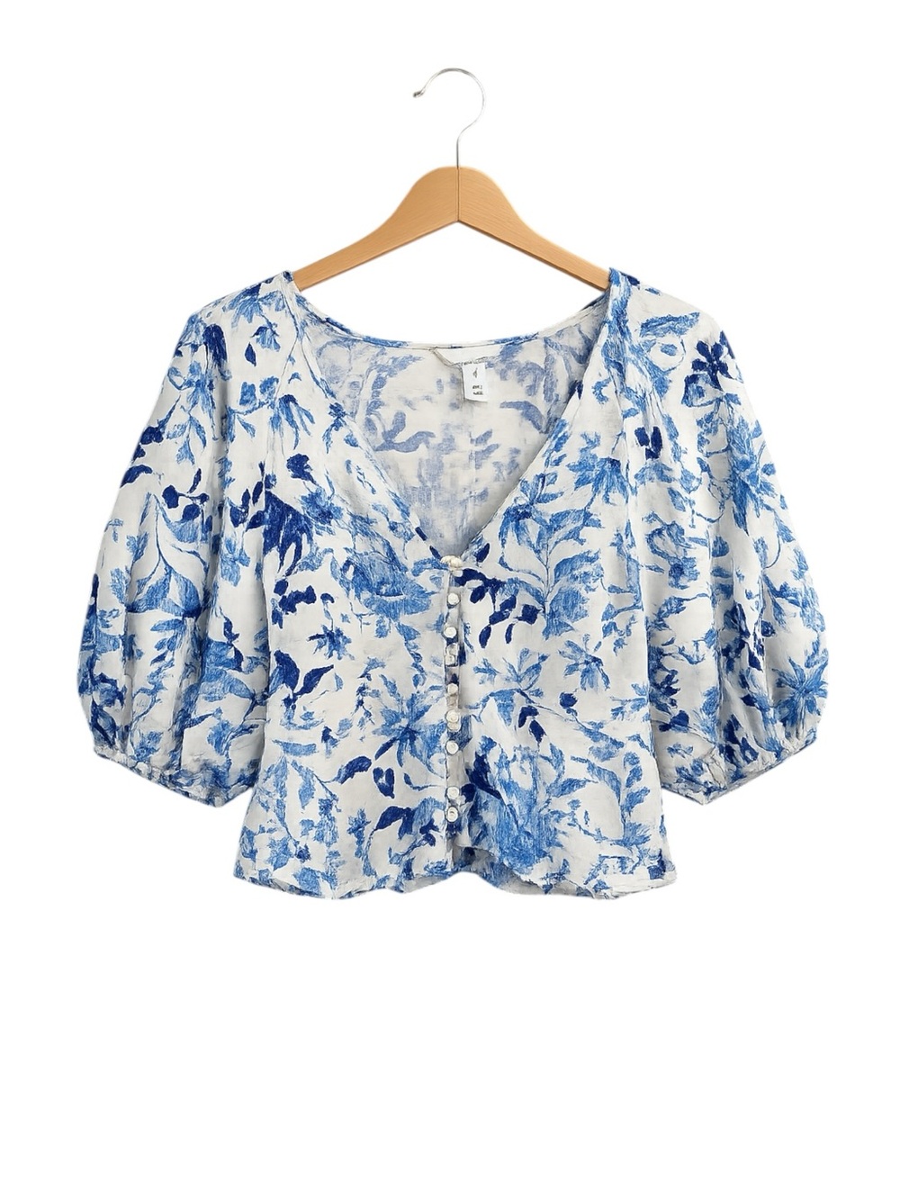 Linen Blend Blue Floral Puff Sleeve‎ Cottagecore Cropped Peplum Blouse Medium